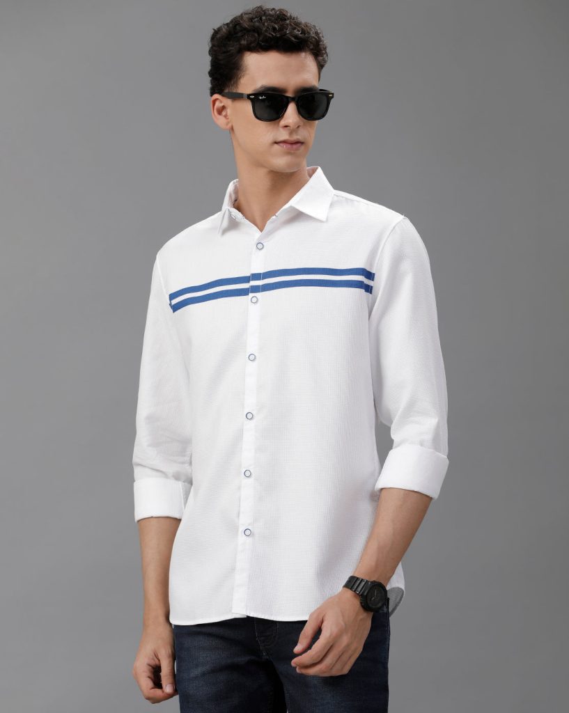 Men Slim Fit Regular Collar Printed Shirt In White.