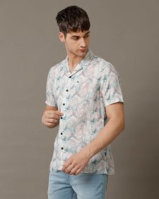 Men Slim Fit Cuban Collar Printed Shirt In Grey.
