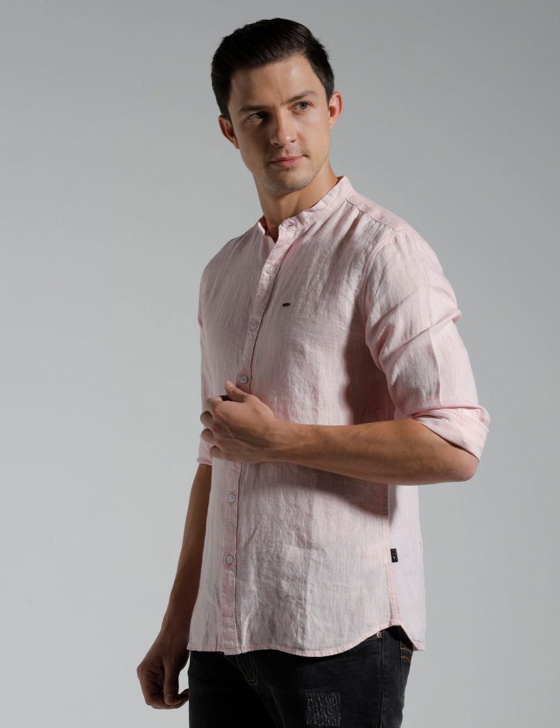 Men Slim Fit Mandarin Collar Solid Shirt