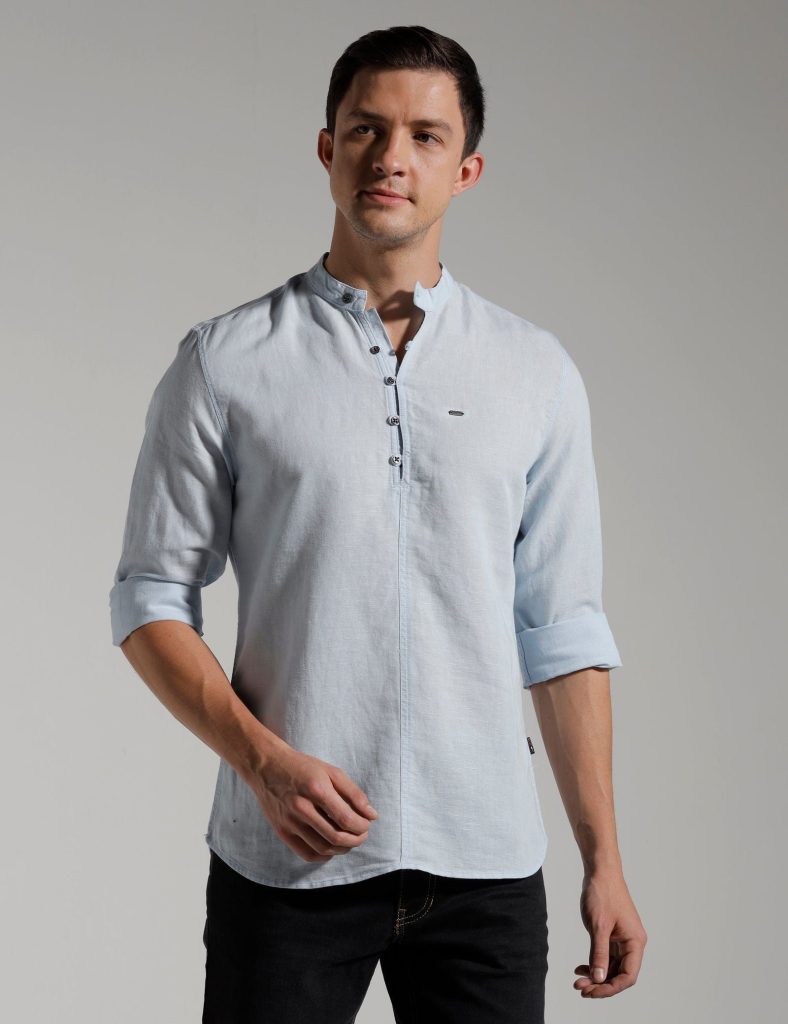 Men Slim Fit Mandarin Collar Solid Shirt