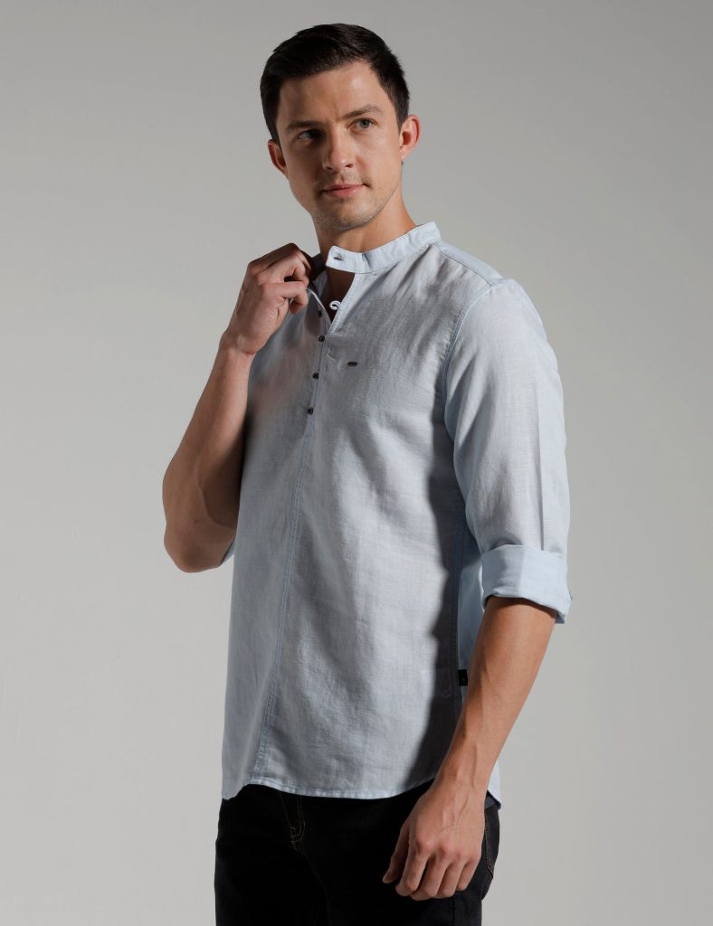 Men Slim Fit Mandarin Collar Solid Shirt